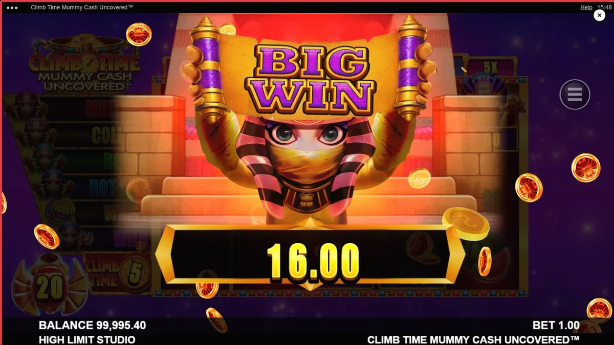 Tampilan visual slot Climb Time Mummy Cash Uncovered dengan latar belakang langit malam Mesir.