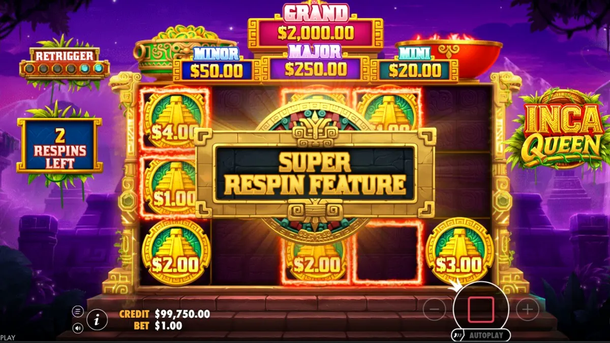 Inca Queen slot game interface featuring ancient Incan temple background and gold coin symbols.