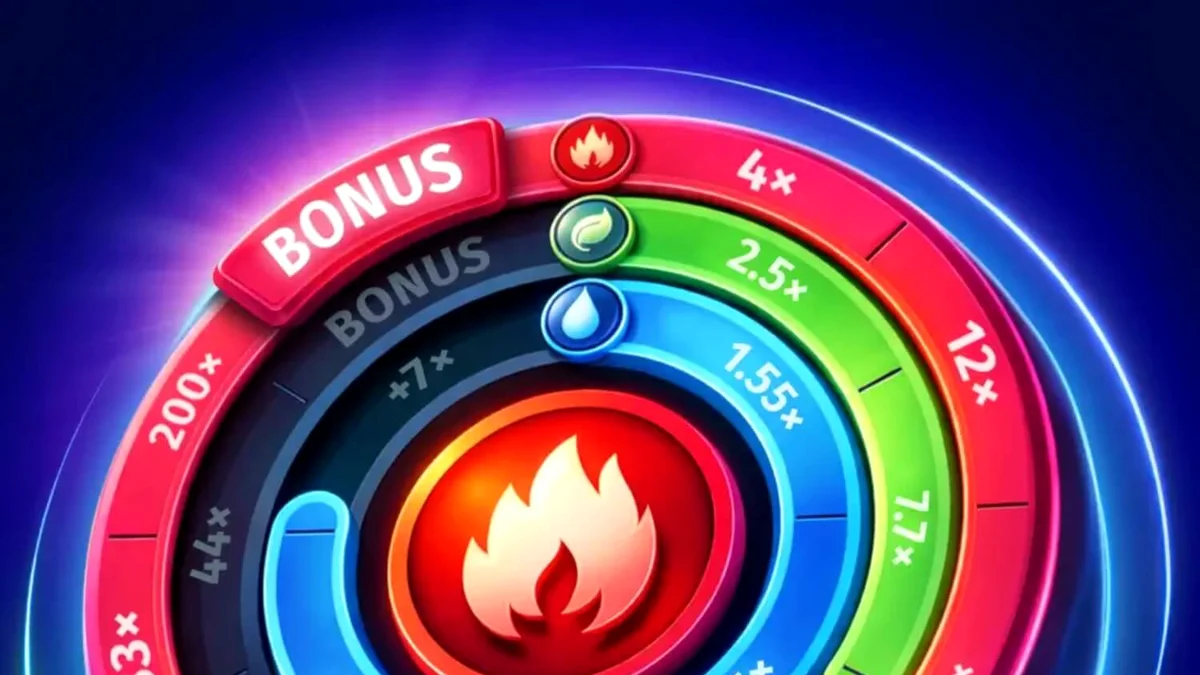 Tampilan antarmuka permainan slot Elements of Power dengan elemen alam yang bercahaya.