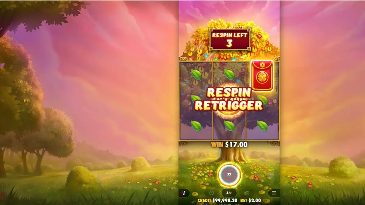 Pemandangan visual slot Lucky Fortune Tree dengan tema pohon keberuntungan Asia