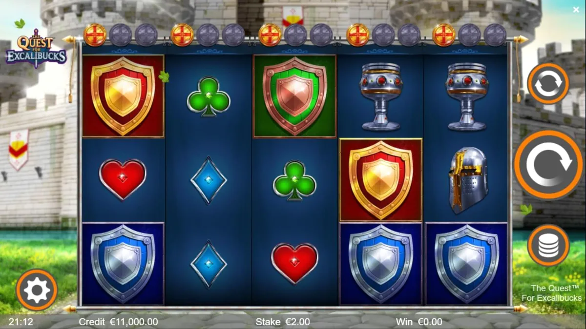 Pemandangan benteng abad pertengahan dalam slot The Quest for Excalibucks